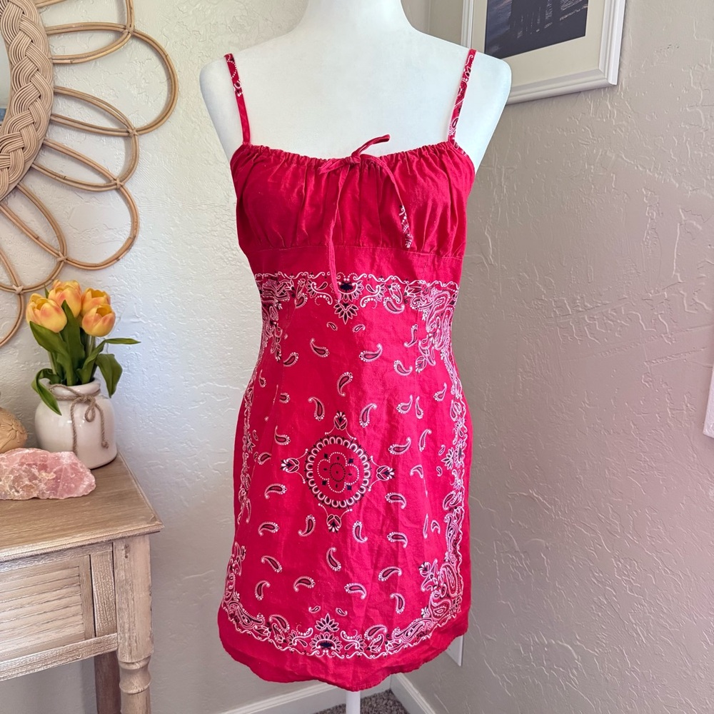Vintage 90s Red Paisley Handkerchief Milkmaid Mini Dress